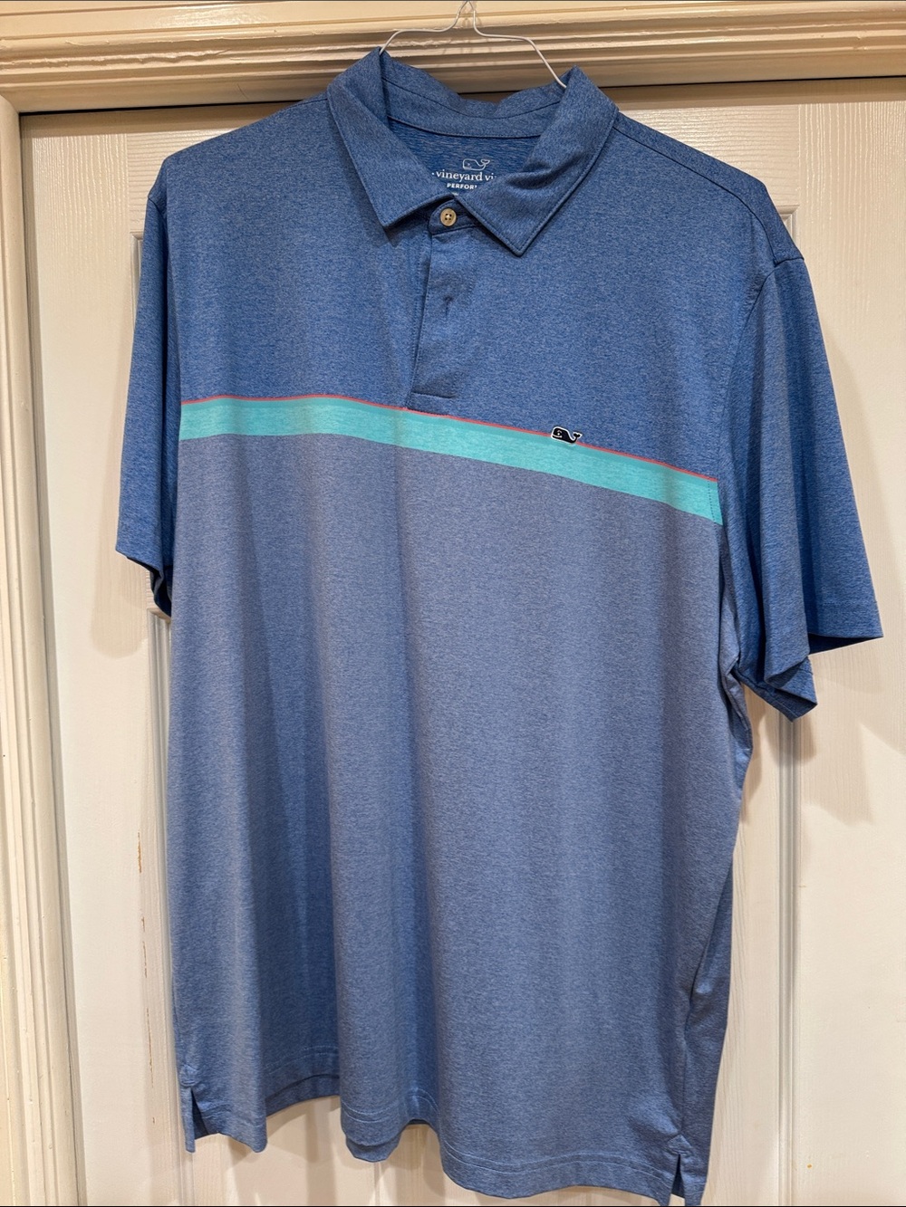 Vineyard Vines Blue Polo with Aqua and Coral Stripe